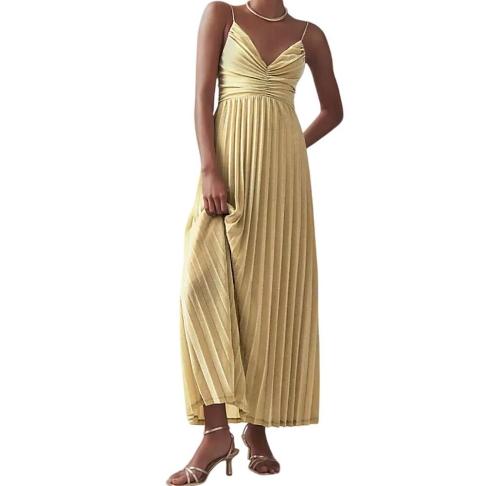 Delfi Collective Helena Pleated Maxi Dress Yellow Metallic Formal Prom Large